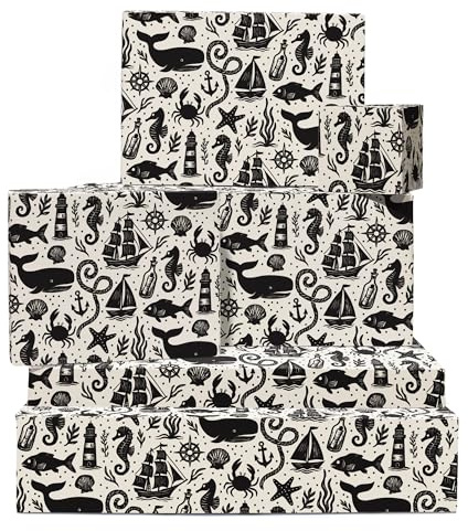 Nautical Geschenkpapier - 6 Blätter Ocean Geschenkpapier For Männer Womänner Kinder Teens - Geburtstag Weihnachten Hochzeit Thanksgiving - Whale Anchor Ship Sea Print - Kommt mit Tags