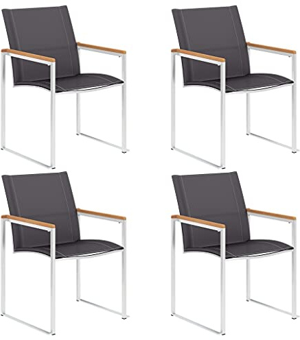 Owoxanthellate 4er Set stapelbare Gartenstühle aus Textilene Edelstahl und Teak massiv 60x59x85 cm grau wetterfest langlebig für Garten Terrasse und Balkon