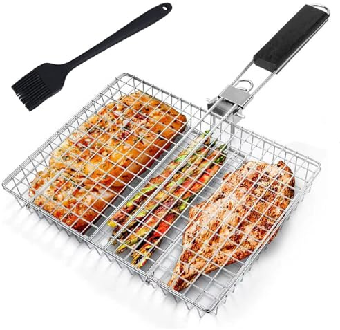 Grillkorb Edelstahl mit Holzgriff - 32 * 22.5 * 4cm Große Edelstahl-Grillkorb für Camping & BBQ, Faltbare BBQ Grill Mesh Klemme mit Oxford-Tasche Tragbarer Fischgrillgitter für Fisch, Gemüse, Garnelen