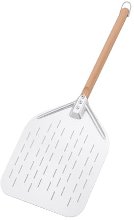 DARDVORLAG Pelle à pizza en acier inoxydable 430, 73,5 cm, avec poignée en bois de hêtre, pelle à pizza perforée à suspendre pour four à pizza, four, barbecue et four en pierre