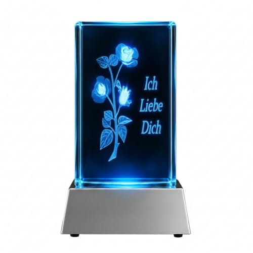 Kaltner Präsente Stimmungslicht - Ein ganz besonderes Geschenk: LED Kerze / Kristall Glasblock / 3D-Laser-Gravur Motiv Romantik Rose Ich liebe Dich