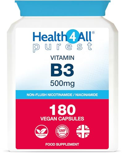 Health4All Vitamin B3 Niacin as Nicotinamide (Niacinamide) 500mg 180 Capsules, Purest, No Additives, Vegan, Gluten Free No-Flush Niacin Vitamin B3 Capsules | Made in UK