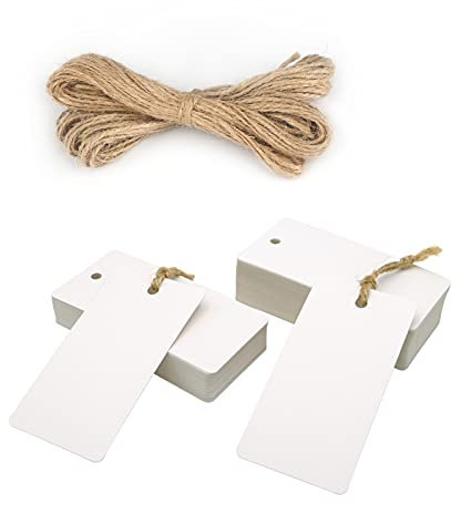 jijAcraft Kraftpapier Anhänger Geschenkanhänger Etiketten 9 * 4,5cm, 100stk. mit Jute Schnur, für Hochzeitsgeschenke Weihnachtsgeschenke Partygeschenke (Weiß)