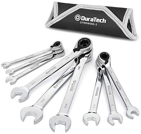 DURATECH Reversible Ratcheting Combination Wrench Set, SAE, 9-Piece, Open end Spanner with Rolling Pouch, 1/4'' to 3/4, 12 Point, CR-V Steel