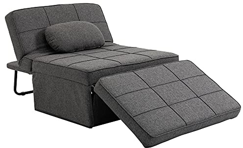 HOMCOM Chauffeuse 1 Place 4 en 1 Fauteuil lit Convertible Pouf Dossier inclinable 5 Niveaux Repose-Pied Rabattable, Charge 200 Kg, châssis métal et Tissu Lin Gris