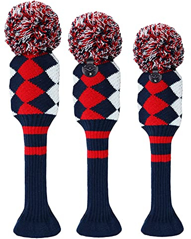 Couvre Club Golf Bois Housse Pom Pom Driver Fairway Hybrid 3 Pack Set, Couvre-tête de Club Golf Vintage Long 1 3 5 pour Hommes Femmes Hommes Sport en Plein Air (Bleu/Rouge Diamant)