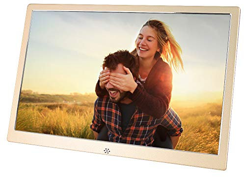 Digitaler Bilderrahmen 12 Zoll Elektronischer Bilderrahmen Metall Hochauflösendes IPS Breitbild Display Kalender/Foto/Video mit Fernbedienung,unterstützt SD-Karte und USB Gold