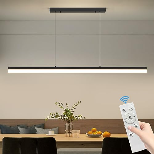Mikeru Pendelleuchte esszimmer, 48W 120cm Lampe esstisch dimmbar schwarz, Pendelleuchten Mit Fernbedienung Hängelampe Esstisch, 1-150cm Esszimmerlampe Höhenverstellbar, Für Esszimmer Arbeitzimmer