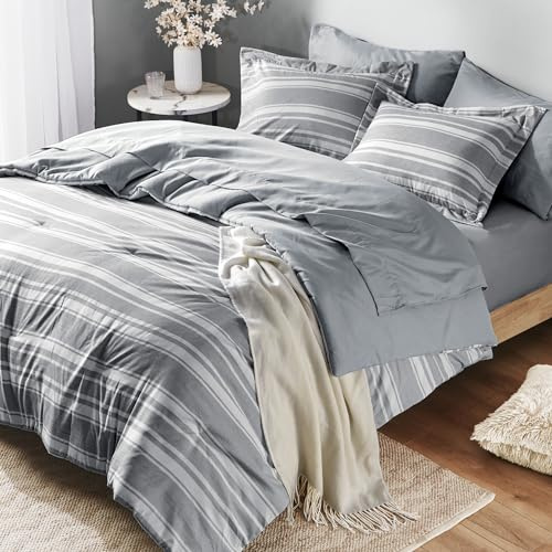 Codi Queen Size Bed in a Bag, Full Bedding Sets, Modern Farmhouse Grey and White Striped Comforter with Sheets, 7-Piece Complete Bedroom Set