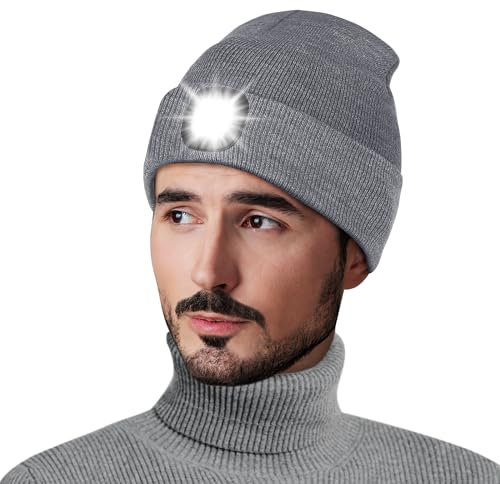 Richaa Geschenke für Männer Weihnachten Mütze mit LED Licht Herren Wiederaufladbare LED Mütze Damen Winter Beanie Grau Stirnlampe Lustige Kleine Geschenke für Papa Freundin Paare