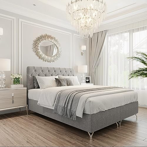 FURNISTAR Boxspringbett GracePLUS 180x200 Grau Doppelbett Bett mit Bonellmatratze Topper und Bettkasten Glamour Polsterbett mit silbernen 12 cm Beinen Modern Schlafzimmer Vintage Schlafzimmerbett