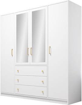 Mirjan24 Drehtürenschrank Raviren Lux 4D, Kleiderschrank mit Spiegel, 3 Schubladen und Kleiderstange, Elegantes Schlafzimmerschrank, Jugendzimmerschrank (Weiß)