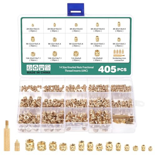 Faankiton 405 Stück Gewindeeinsatz, 3D Druck Messing Muttern 2#-56、4#-40、6#-32、8#-32、10#-32、1/4-20 Inch (UNC), Gewindeeinsatz Innengewinde Gerändelte Messingmuttern, 15 Messing Einbettung Muttern