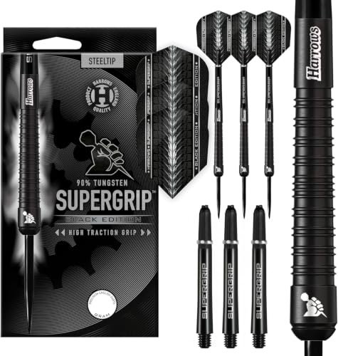 Harrows SUPERGRIP Black Edition Dartset mit 90% Wolframstahlspitze. Erhältlich in 21 g, 22 g, 23 g, 24 g, 25 g, 26 g, 28 g und 30 g – inklusive Supergrip-Schäften und Supergrip-Flights