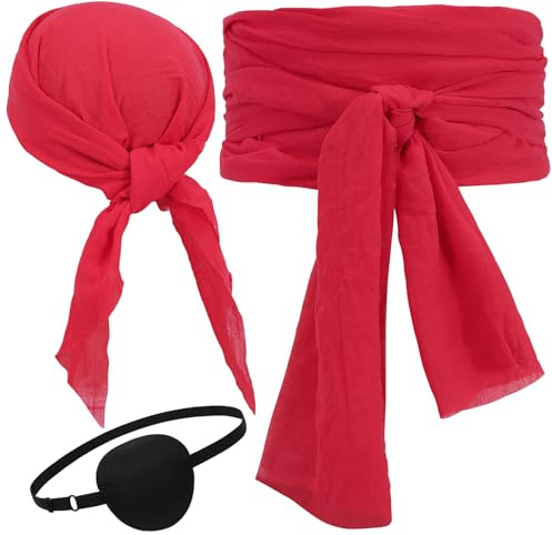 VONMELLI Piraten Kopftuch Schärpe Gürtel Halloween Kostüm Augenklappe Damen Herren Mittelalter Renaissance Bandana Stirnband Taillengürtel Burgunderrot