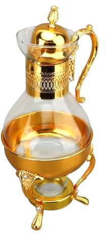 Generic Glass Coffee Pot Set, 1 Set Vintage Turkish Coffee Pot Glass Tea Kettle Turkish Teapot Milk and Coffee Warmer, Heatable Water Pitcher with Lid and Cup Vintage Hot Cold Tea, Gold