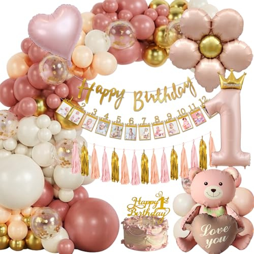 Décoration Anniversaire Fille 1 An - Kit Ballons Roses Rétro avec Bannière pour Fête Bébé