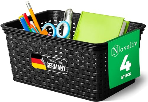 Novaliv 4 Stück Elegante Aufbewahrungskörbe in Rattan-Optik | Schwarz Kunststoff 5L ? für Büro und Zuhause. Vielseitige Kisten zur Aufbewahrung. Ideale Aufbewahrungsbox Organizer Ordnungsbox