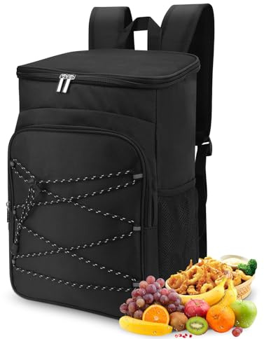 Mochila Térmica Negra Oxford con Bolsillos Laterales Correa de Pecho para Acampar 29x19x42cm
