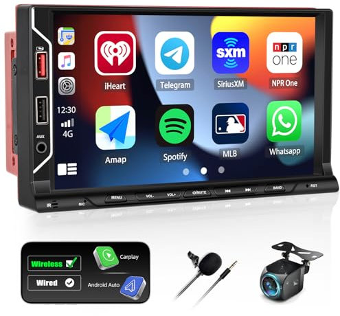 CAMECHO Doppel Din Autoradio mit Kabellosem Carplay Android Auto, Autoradio 2Din mit 7 Zoll Auto Bildschirm, Auto Radio Touch Display mit Bluetooth FM Radio EQ USB SWC + Rückfahrkamera + Mikrofon