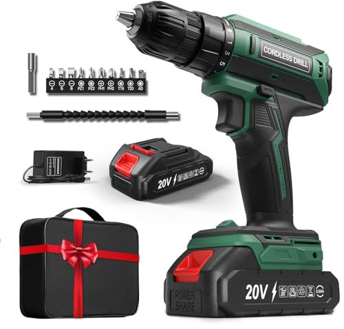 Taladro Atornillador Batería 20V, Taladro Bateria par Máximo de 42Nm, Taladro Inalámbrico de 2 Velocidades, Apto para Baterías Makita, 25+1 Niveles de Par, Batería 2000mAh, Portabrocas 10mm, Luces LED