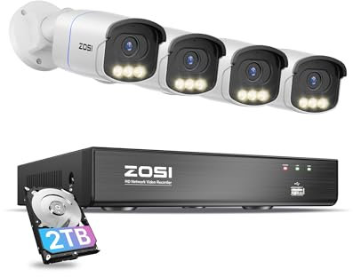 ZOSI 4K Kit Cámaras de Vigilancia PoE 4X 8MP Cámara de Seguridad IP Exterior con 8CH Grabador NVR y 2TB Disco Duro, Visión Nocturna a Todo Color, Detección y Alarma de Persona