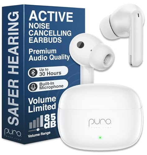 Puro Sound Labs PuroQuiet-Air Bluetooth-Ohrhörer mit aktiver Geräuschunterdrückung, Lautstärkebegrenzte kabellose Ohrhörer für sicheres Hören, Soft-Touch, Typ-C-Aufladung mit integriertem Mikrofon und