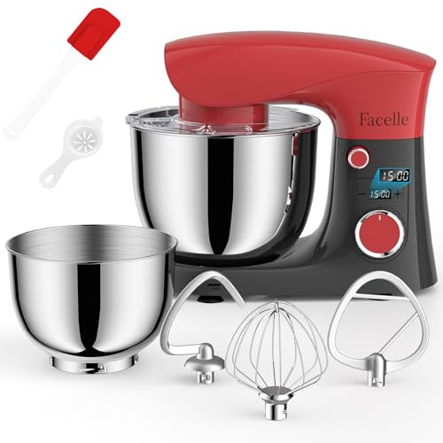 Batidora Amasadora Reposteria 1500 W, Facelle Amasadora de Pan Multifunción | 5,5L & 4,5L , 10+P Robot de Cocina Amasador con Batidor, Batidor Plano, Gancho Para Masa y Protector Contra Salpicaduras