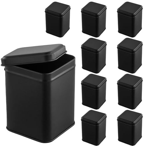 KEILEOHO 10 cajas de té rectangulares de 7 x 7 x 10 cm, de metal, color negro, rectangulares, con decoración, para aprox. 50 – 100 g