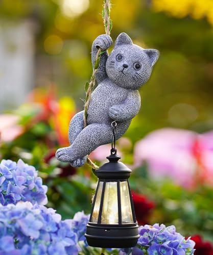 Yeomoo Katzen Figur mit Solarlampen Hängend Gartendeko für Draußen | Lustig Katze Figuren Besteigen Rebe, Geschenke für Frauen Mama Männer, Balkon Zimmer Terrasse Aufhängen Deko