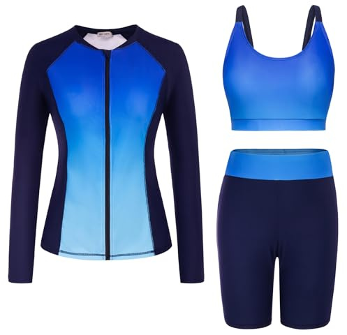 GRACE KARIN Damen 3 Piece Badeanzug Langärmligem Rashguard Surfkleidung | Tankini 3 teilig Damen, Langärmlig Mit Reißverschluss, Elegante Schwimmanzug Wassersport Burkini