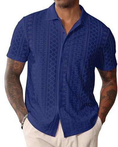 CTU Mens Short Sleeve Shirt Button Down Cuban Collared Shirts Casual Summer Beach Shirt Navy
