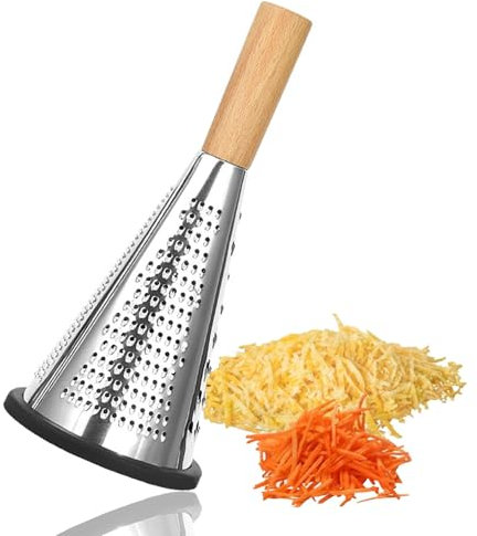 Küchenreibe, Käsereibe in Kegelform, 3 Schneideflächen, Gemüsereibe, Edelstahl, Obsthacker mit ergonomischem Buchenholzgriff, Käsereibe aus Edelstahl für Obst und Gemüse