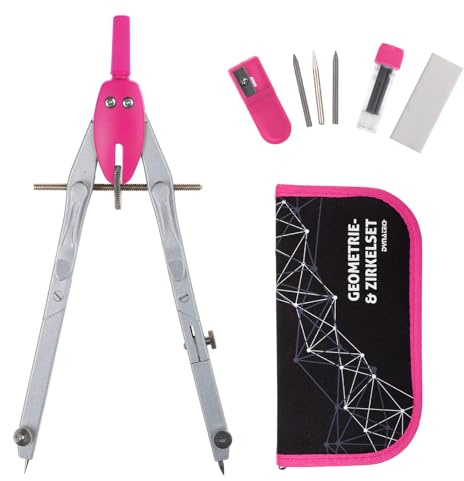DynaTech Zirkel Geometrie-Set Pink 13-teilig inkl. Schnellverstellzirkel mit Federmäppchen, 2 Ersatzminen, Etui und Zubehör für Schule Uni und Büro