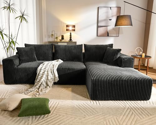 WorthFurni Cloud Modular Sofa Couch with L-Shape Chaise,Modern Sectional with Deep Seat, Upholstered Couches for Living Room Bedroom,No Assembly Required, Plush Corduroy Fabric 110.4(Black)