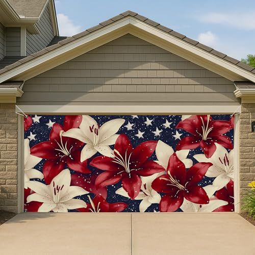 Copertura per porta del garage floreale patriottico, grande giglio rosso e bianco, decorazioni per garage, decorazione estiva per interni ed esterni, sfondo per feste 390 x 180 cm