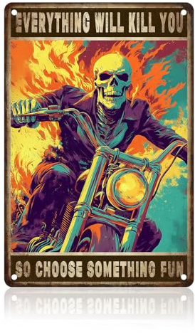 Skull Sign Ornament Vintage Wall Art Skull Metal Signs Tin Sign Wall Decor Funny Retro Plaque Signs for Home Decor Bars Garage Funny Skull Gifts for Men Cave 8x12 Inch (Motorcycle Skull Gentleman)