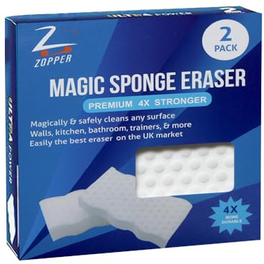 ZOPPER Magic Sponge Eraser 2 Pack - Extra Durable Cleaning Pads, 4X Stronger Stain Remover for Multi-Surface Use - Wall, Kitchen, Bathroom, Shoes & More, Removes Dirt, Grime | Size 12.1x6.6x2.2cm