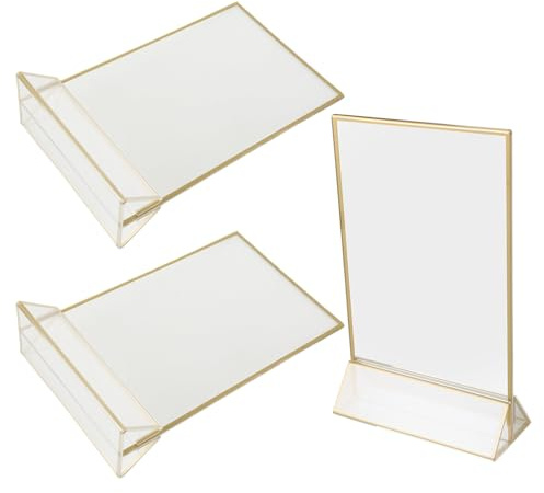 MOTHNUR 3 pièces Présentoir de Table Acrylique Transparent T T avec Bord Doré Support Double Face pour Menu et Signalétique Lot pour Restaurants Réceptions et Événements