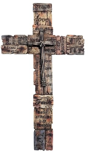 Top Brass Inspirational Rustic Wood-Look Wall Cross with Faux Iron Center – Resin Scripture Cross - Religious Sayings Jesus Art Sculpture