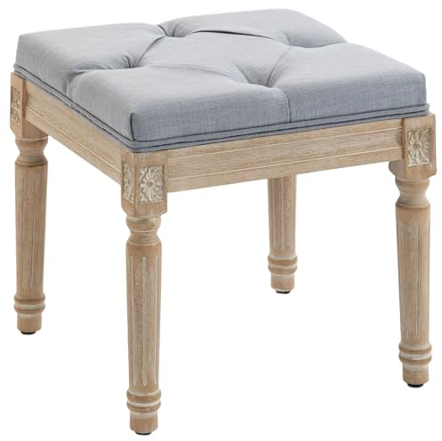 HOMCOM Reposapiés Vintage Cuadrado Acolchado Patas Madera Gris Claro