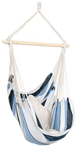 AMAZONAS Hängesessel wetterfest UV-beständig Havanna Marine mit Querstab aus FSC Buchenholz 110 cm bis 150 kg blaugestreift