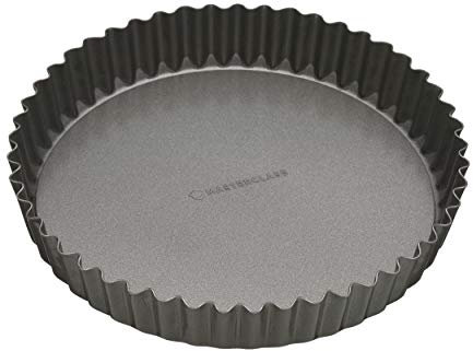 MasterClass Teglia per crostate e quiche antiaderente, senza PTFE, PFOA e BPA, robusta in acciaio al carbonio scanalata di 1 mm di spessore, rotonda da 25 cm (10), grigia