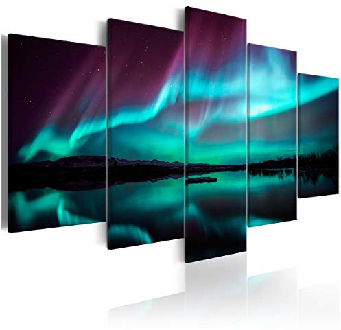 decomonkey Bilder Polarlicht 200x100 cm 5 Teilig Leinwandbilder Bild auf Leinwand Wandbild Kunstdruck Wanddeko Wand Wohnzimmer Wanddekoration Deko Landschaft Nordlicht schwarz blau türkis