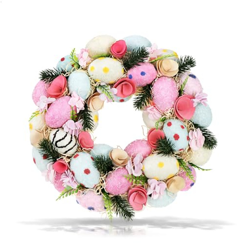 COM-FOUR® Couronne de Pâques avec des œufs colorés, Décoration élégante pour table ou porte, Occasion Pâques, Matériau : Plastique, Polystyrène, Laine de bois, Bois