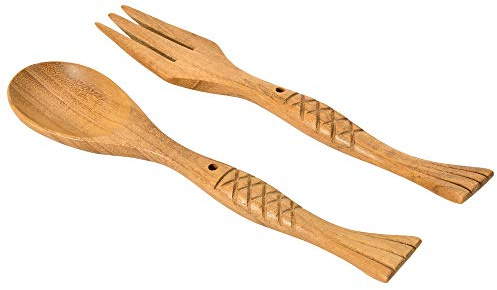 AeraVida Teak Wood Spoon and Fork Set Fish Carved Design Handmade Wooden Cutlery Reusable Lunch Utensils Natural Brown Kitchen Set