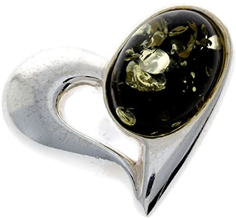 Sterling-Silber 925 Baltischer Grüner Bernstein Herz-Brosche - GL816G