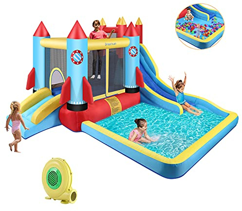DREAMVAN Kids Bounce House with Blower Inflatable Bounce Houses Double Slide Climbing Wall and Ball Pit/Pool Splash Big Bouncy House Bouncing Rocket Jumping Castle Outdoor/Indoor,Ages 3-12 Years