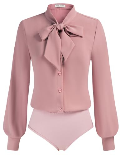 Kate Kasin Women Long Sleeve Pink Bodysuit Bow Tie Neck Blouse Button Down 2026 Fall Tops Business Casual Body Suit M