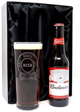 Regalo Personalised Engraved Pint Glass & Beer Gift Set - Beer Design (Budweiser Lager, Silk Lined Gift Box)